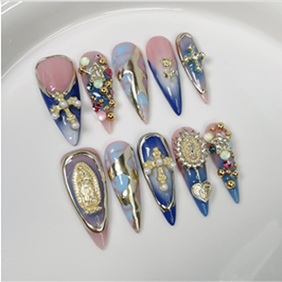 Sapphire Relic hand-painted press-on nails