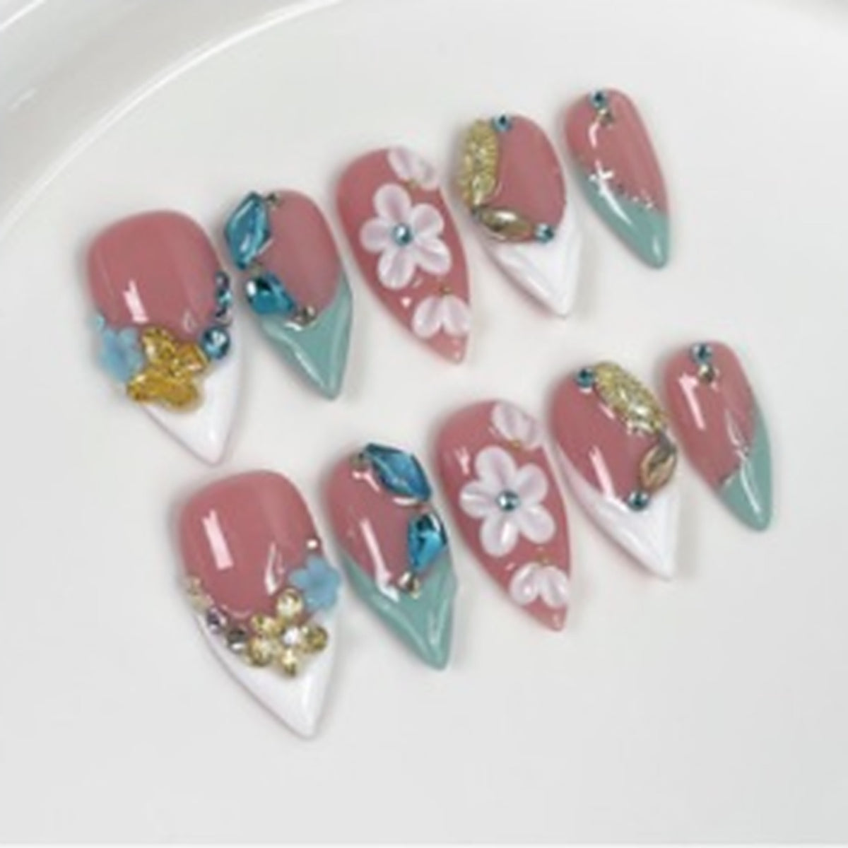 Seafoam Blossom hand-painted press-on nails