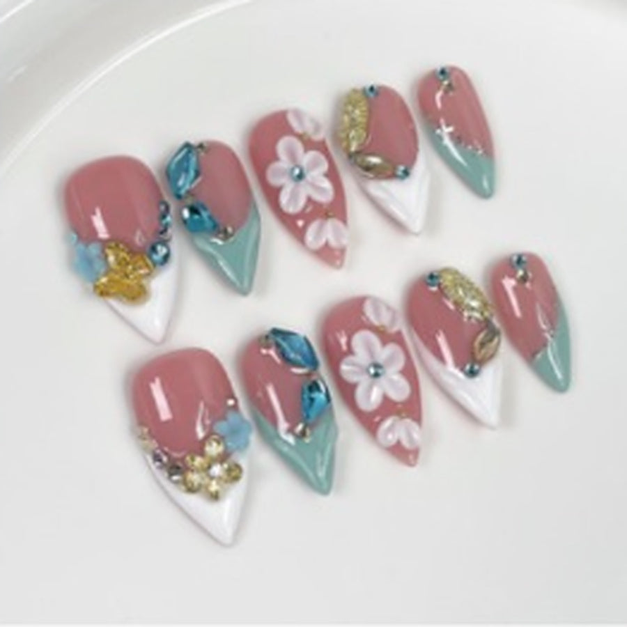 Seafoam Blossom hand-painted press-on nails