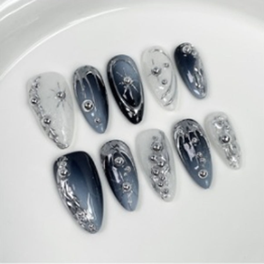 Silver Mist hand-painted press-on nails
