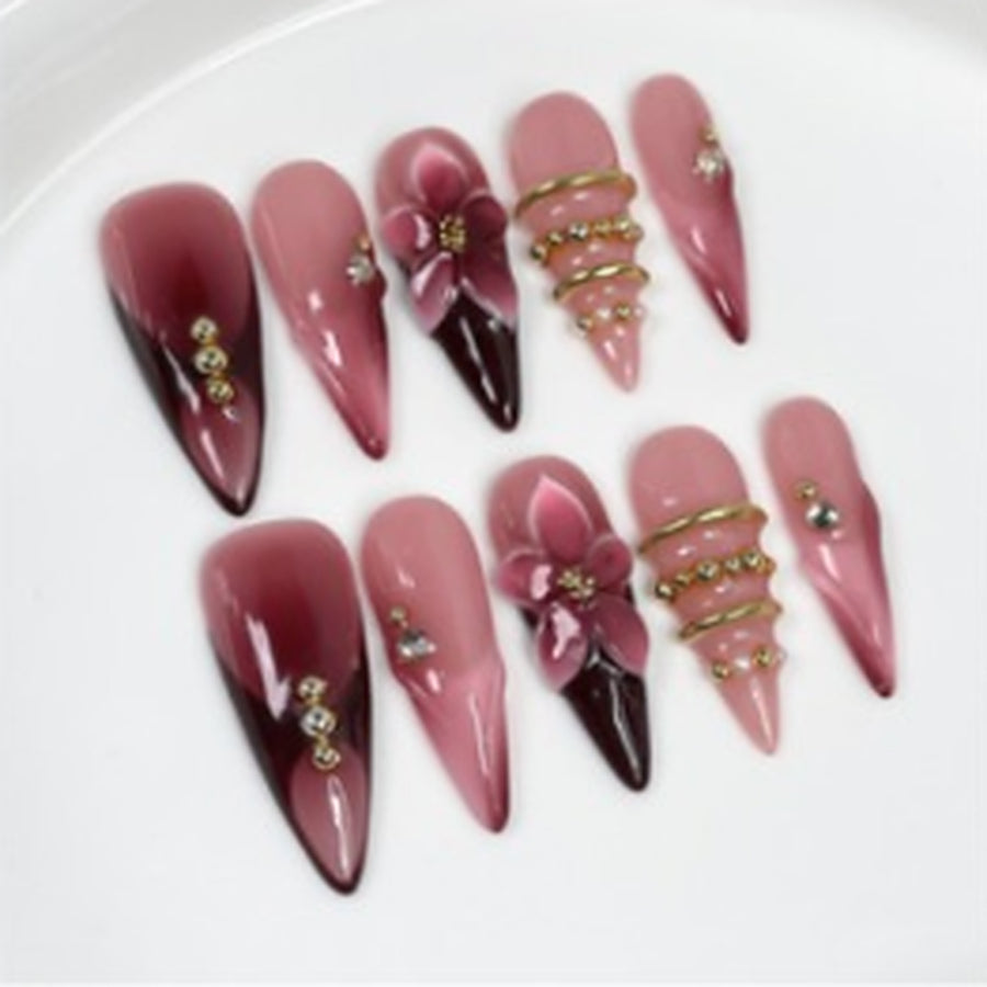 Merlot Bloom hand-painted press-on nails