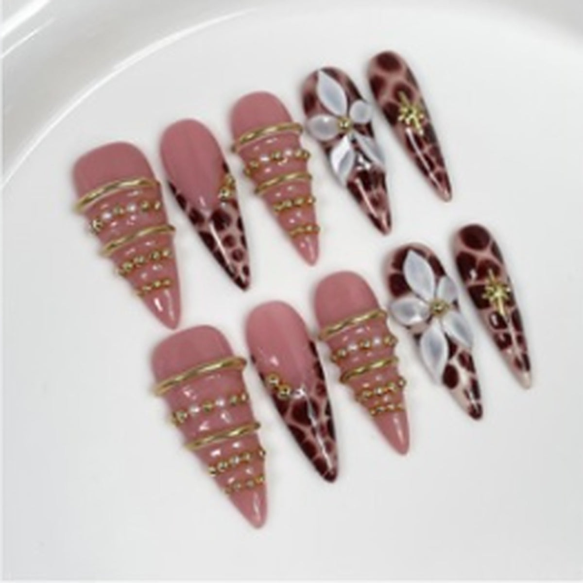 Rose Leopard hand-painted press-on nails