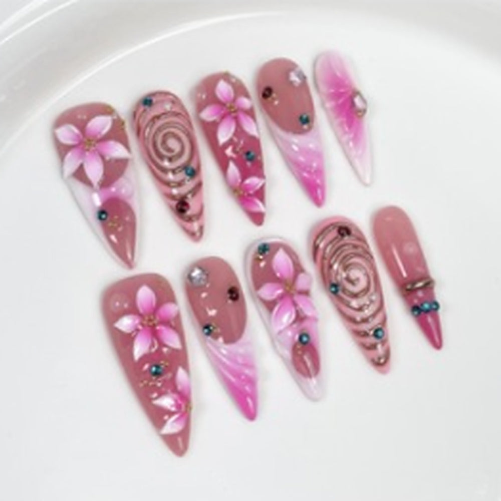 Pink Lily Swirl hand-painted press-on nails