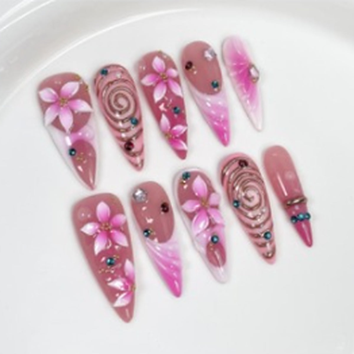 Pink Lily Swirl hand-painted press-on nails