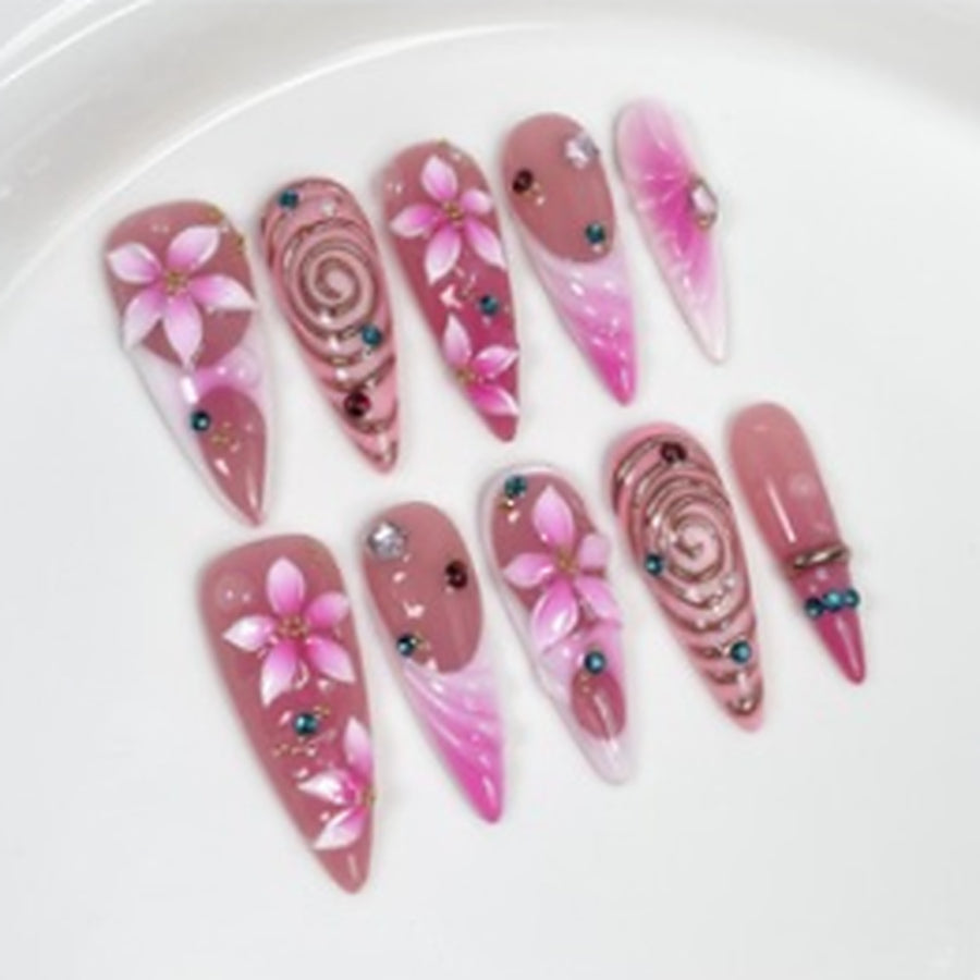 Pink Lily Swirl hand-painted press-on nails
