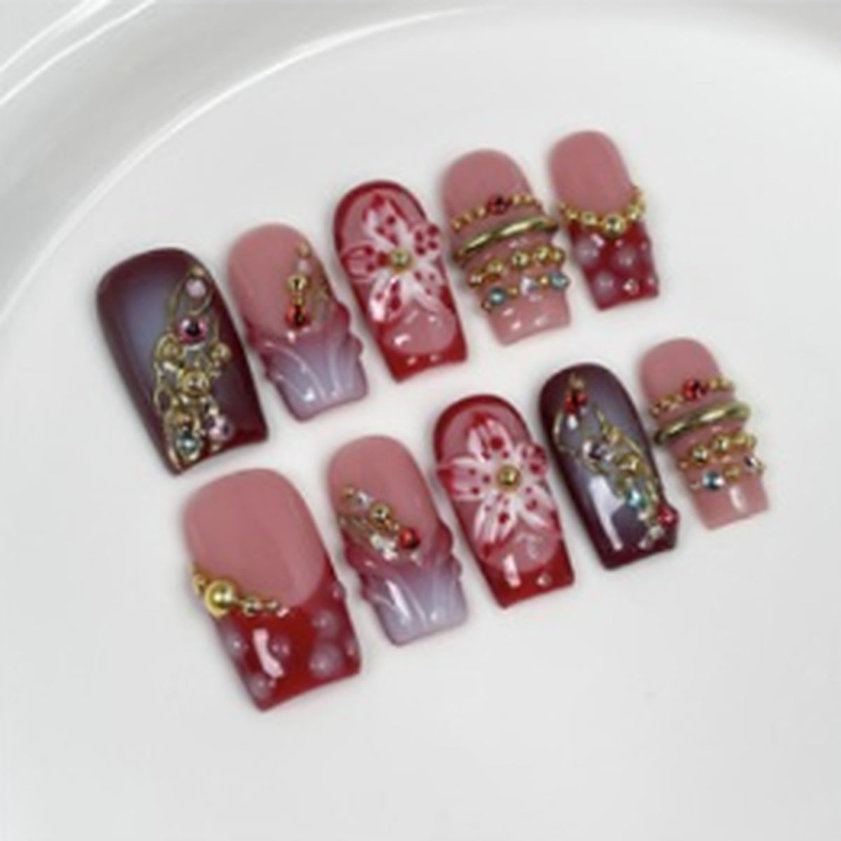 Cherry Velvet hand-painted press-on nails