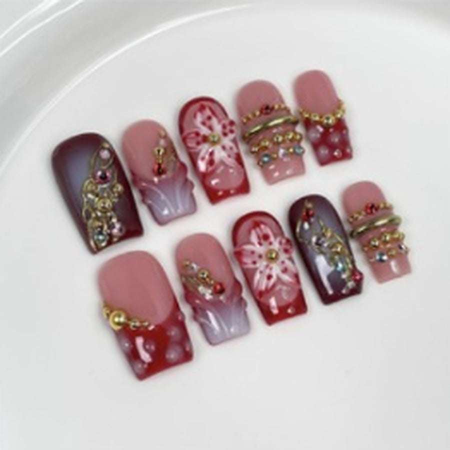 Cherry Velvet hand-painted press-on nails