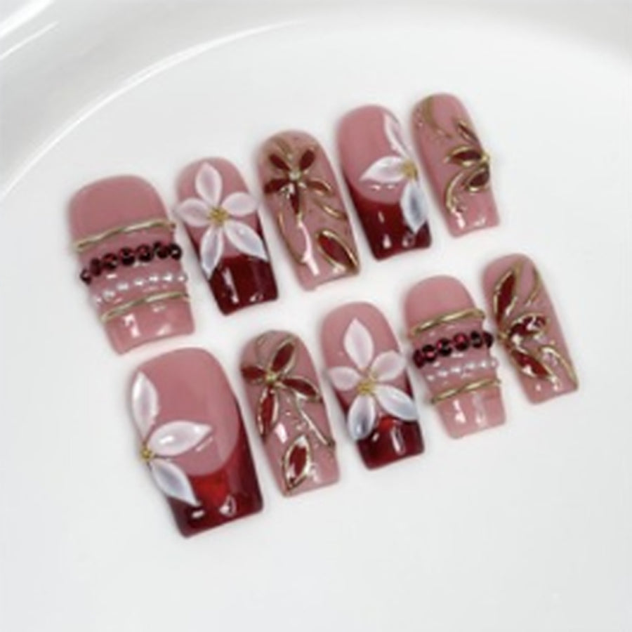 Lily Burgundy hand-painted press-on nails