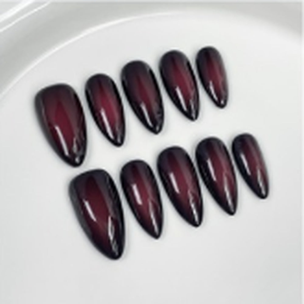 Bordeaux Cat-Eye hand-painted press-on nails