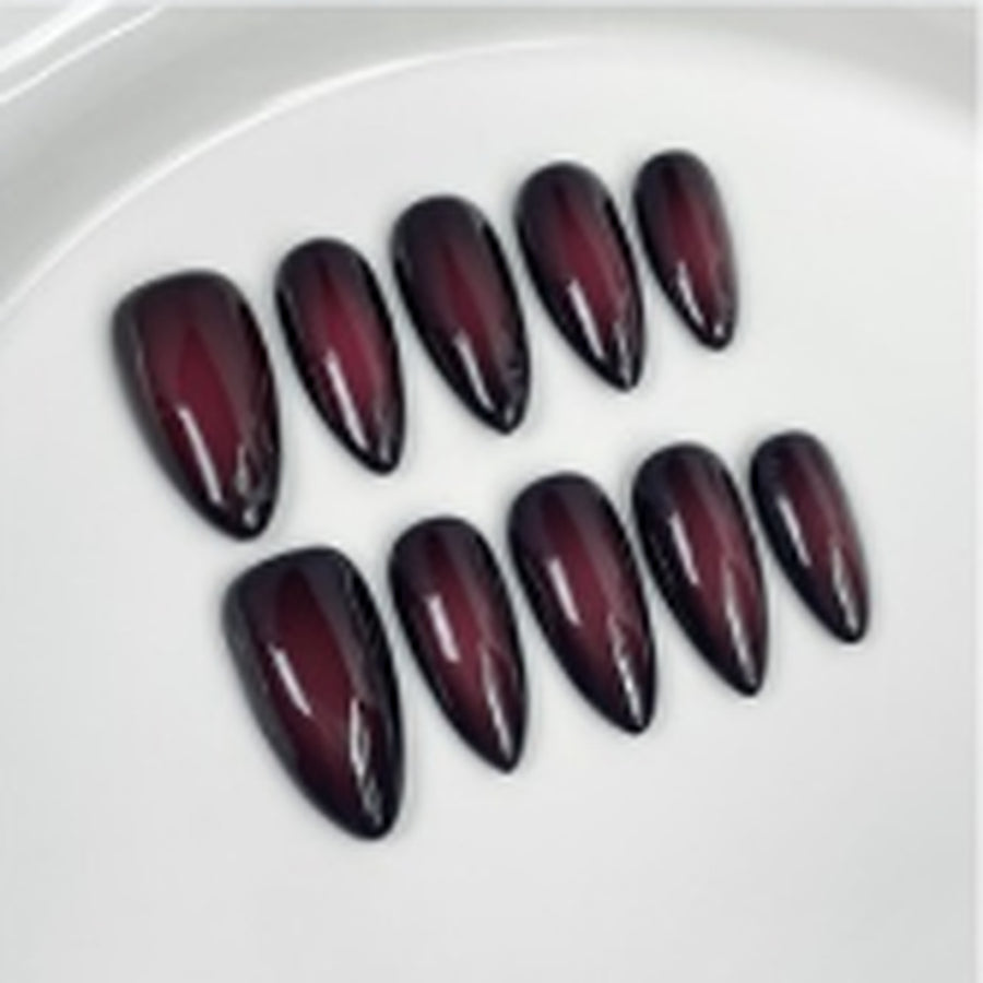 Bordeaux Cat-Eye hand-painted press-on nails