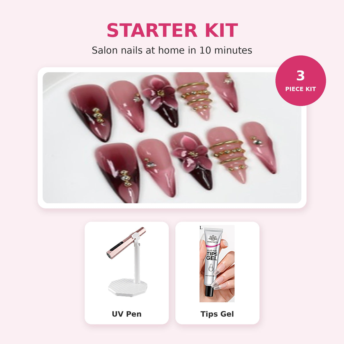 Tipstella Starter Kit: press-on nail set, mini UV curing pen and solid tips gel