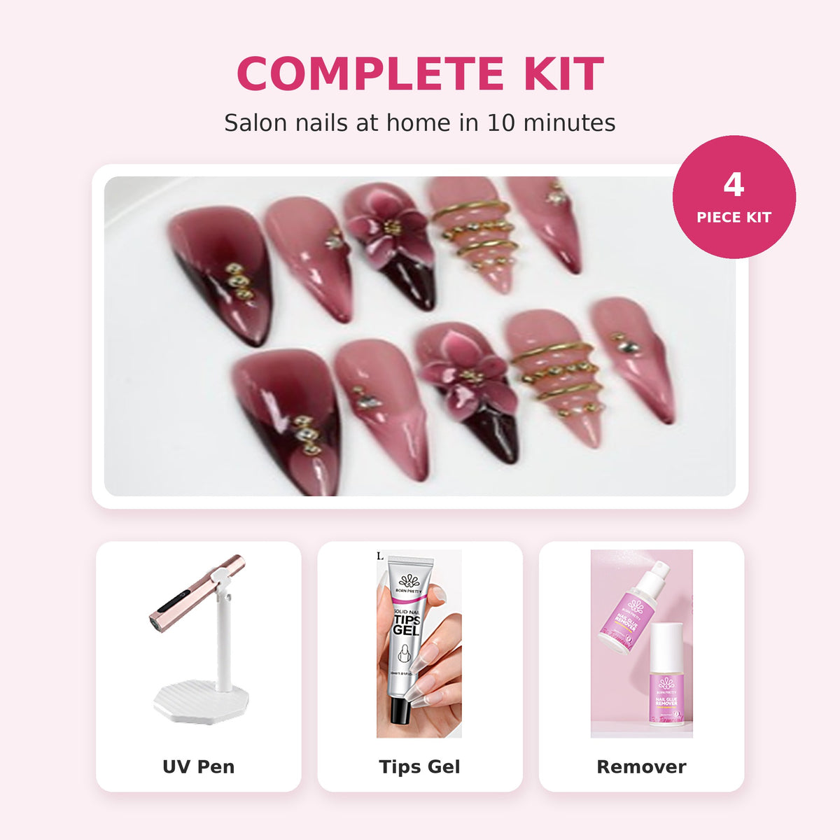 Tipstella Complete Kit: press-on nail set, mini UV curing pen, solid tips gel and acetone-free remover spray